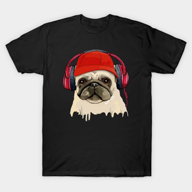 Pug, pug face and music headphones, pug lovers, gift for pug lovers T-Shirt by Collagedream